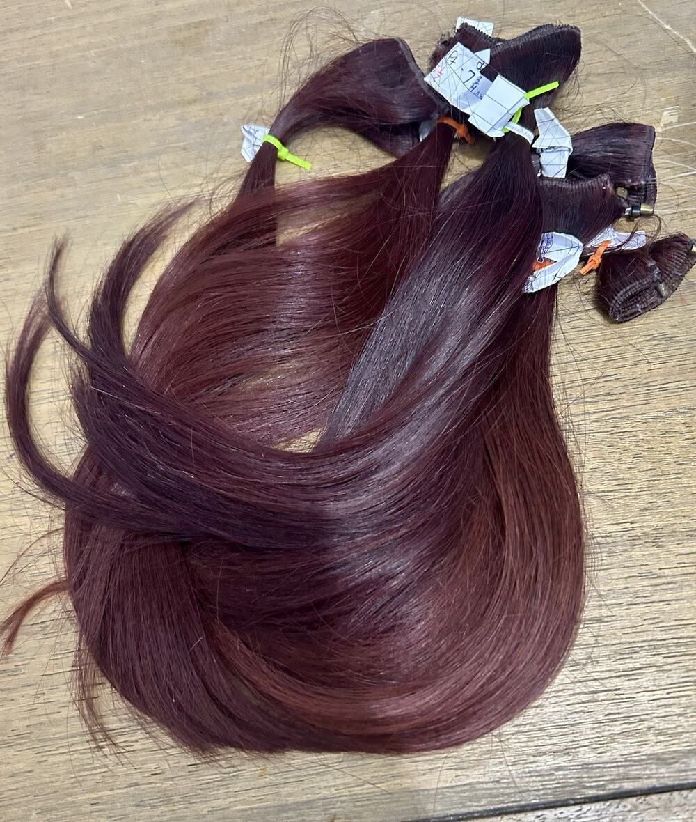 14" one step Machine tied weft extension 93g Remy Human Hair wine Red Burgundy